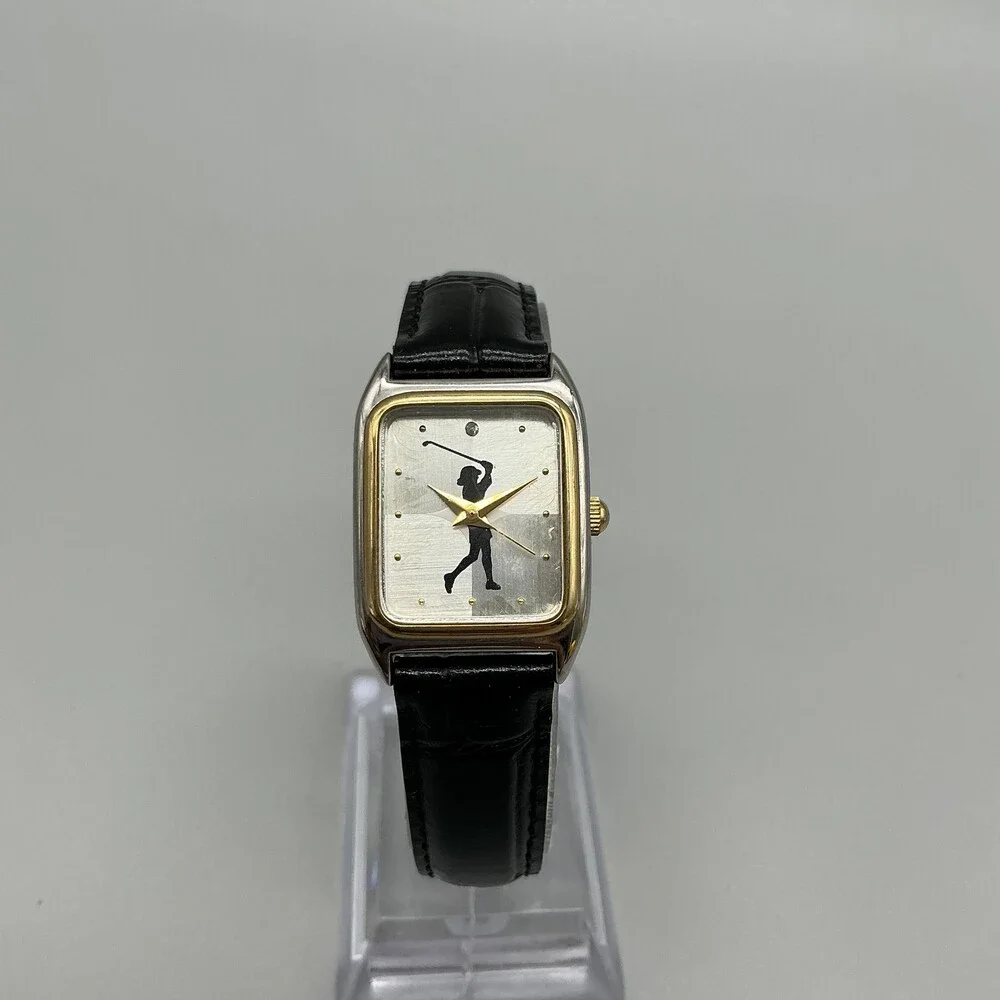 Golf Women Watch 21mm Silver Dial Black Leather Two Tone Rectangular New Battery
